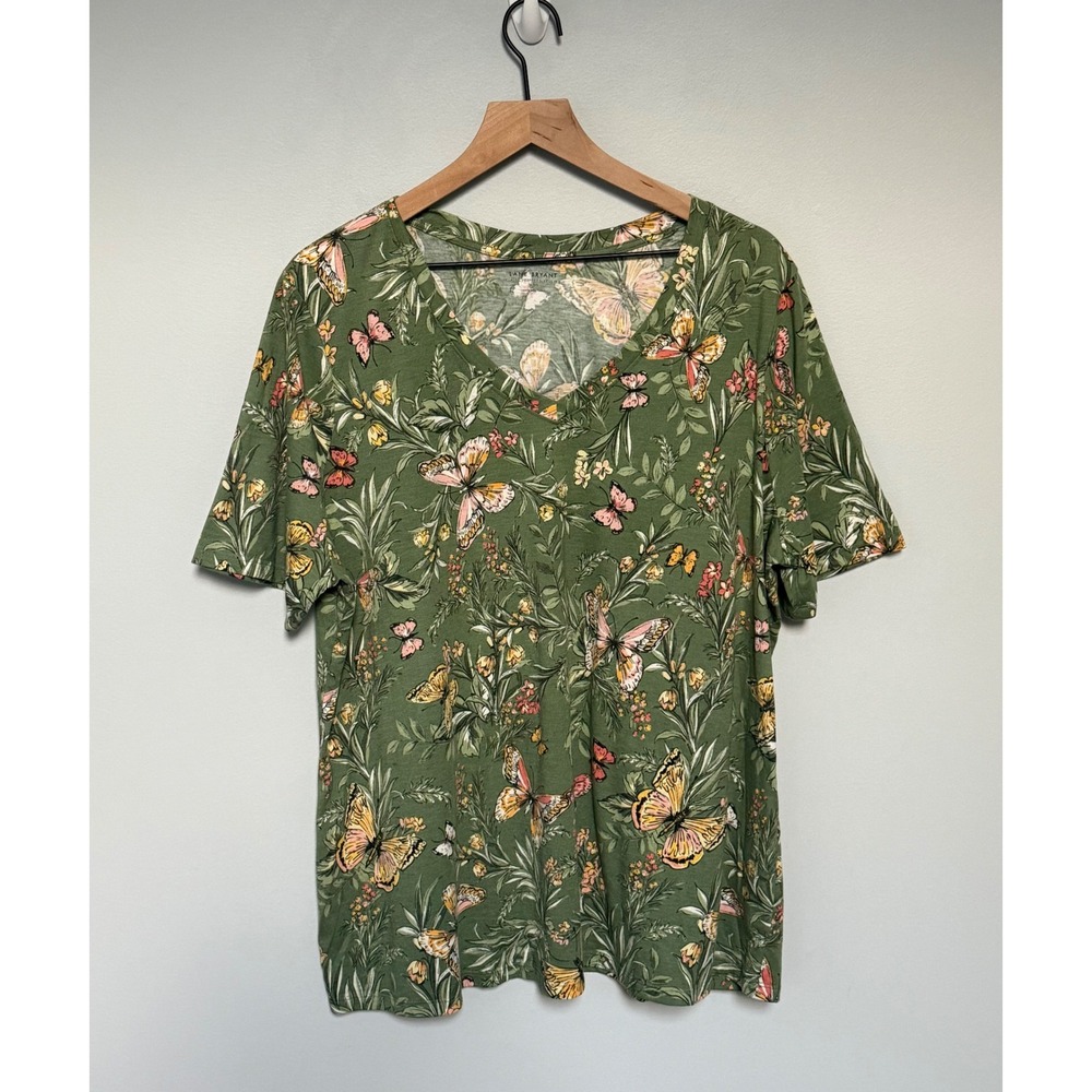 Lane Bryant Classic Perfect Sleeve Tee Green Butterfly Floral V-Neck Top 18/20